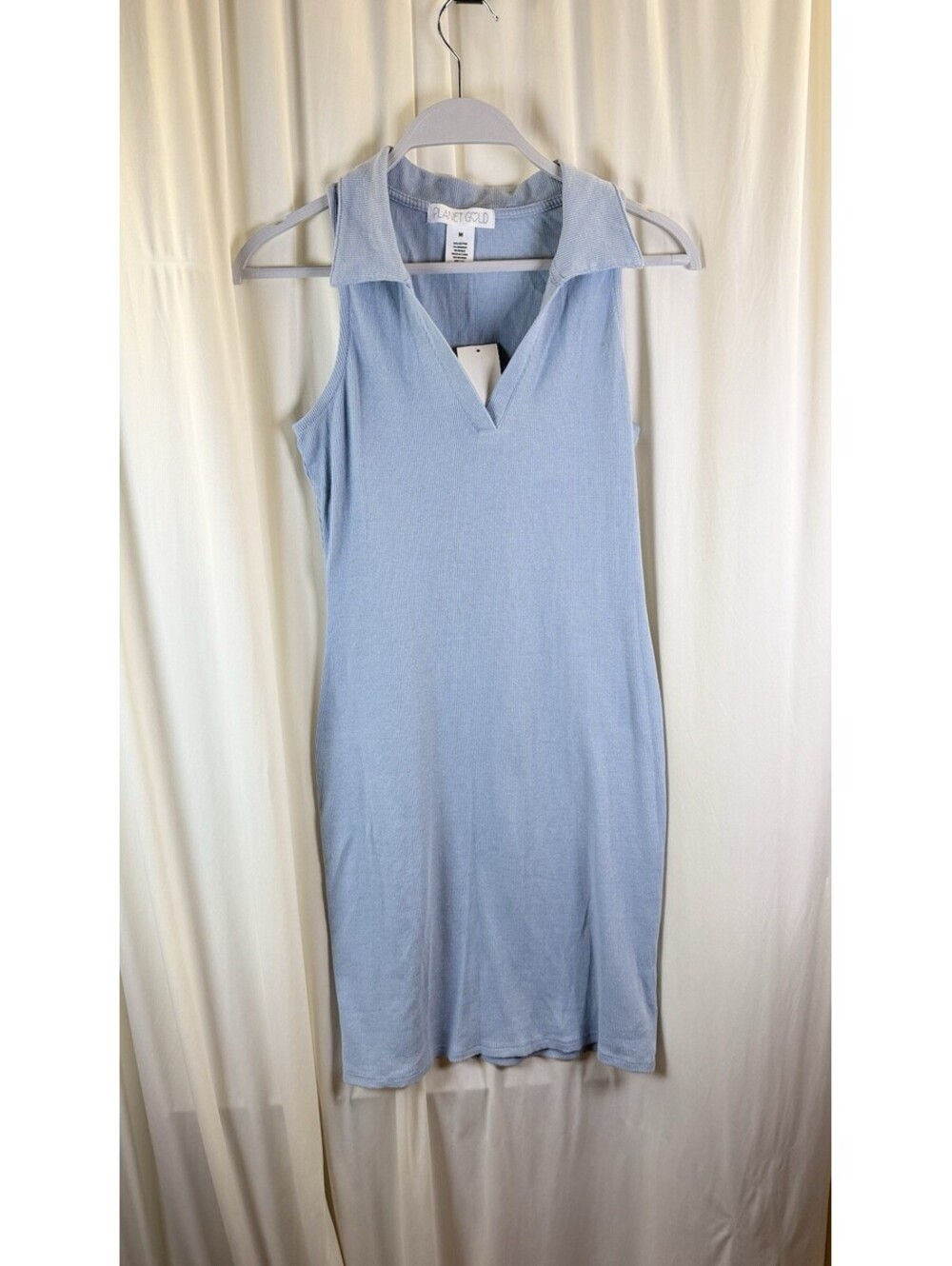 Planet Gold Pale Blue Fog Collared Mini Dress Ribbed Sleeveless NWT Sz M